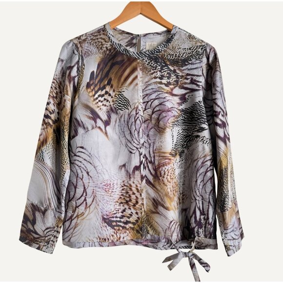 size 1 (fits M 8/10) PAUW Amsterdam feather print blouse‎ silk top tie front - Picture 1 of 11